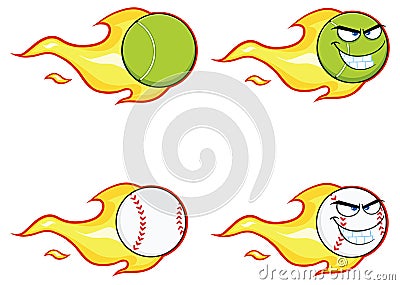 Baseball Ball With A Trail Of Flames. Set Vector Collection Vector Illustration