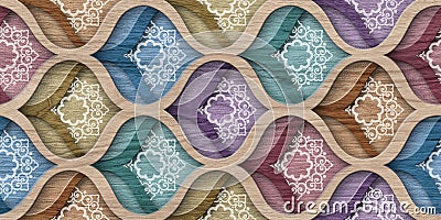 Moroccan colorful wall tiles design, ornaments, multi Colored wall tiles Decor For home, wall decor on Wooden beige. Stock Photo