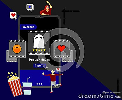 A flat vector banner of mobile movie concept. Vector Illustration