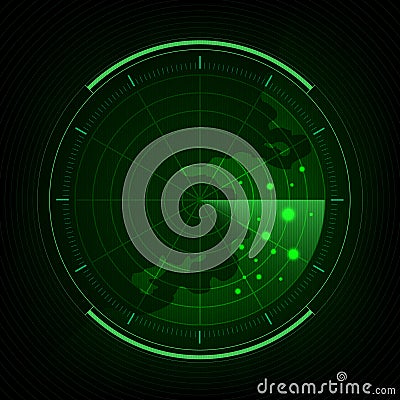 Submarine navy search, Abstract green radar with targets, Digital realistic radar screen, Military search system, Vector illustra Vector Illustration