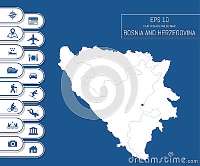 Flat high detailed Bosnia and Herzegovina map. Divided into editable contours of administrative divisions. Vector Illustration