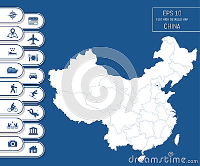 Flat high detailed China map. Divided into editable contours of administrative divisions. Vacation and travel icons. Vector Illustration