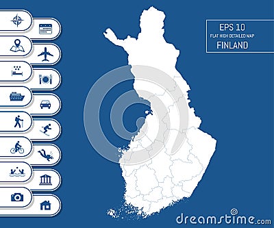 Flat high detailed Finland map. Divided into editable contours of administrative divisions. Vacation and travel icons. Vector Illustration