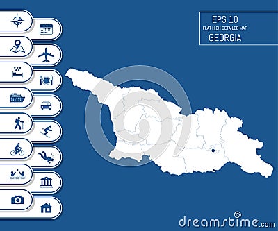 Flat high detailed Georgia map. Divided into editable contours of administrative divisions. Vacation and travel icons. Vector Illustration