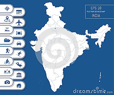 Flat high detailed India map. Divided into editable contours of administrative divisions. Vacation and travel icons. Vector Illustration