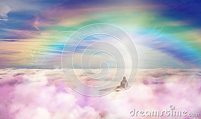 Boat to Heaven, above clouds, soul journey to the light, heavenly sky, path to God Stock Photo