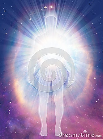 Man universe, meditation, healing, human body energy beams Stock Photo