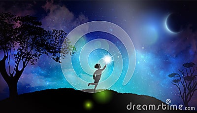 Child with spark of hope, the light of faith, new moon, night sky, nature background Stock Photo