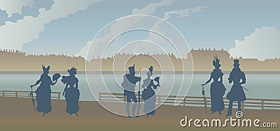 Silhouettes of 19th century characters against the background of the historic embankment of St. Petersburg Vector Illustration