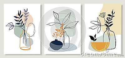 Abstract art line backgrounds posters wall art set with flowers and plants in pots Vector Illustration