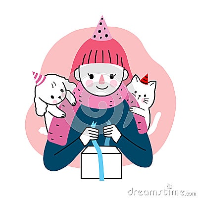 Happy brithday, woman and dog and cat and present hand draw cartoon cute vector. Vector Illustration