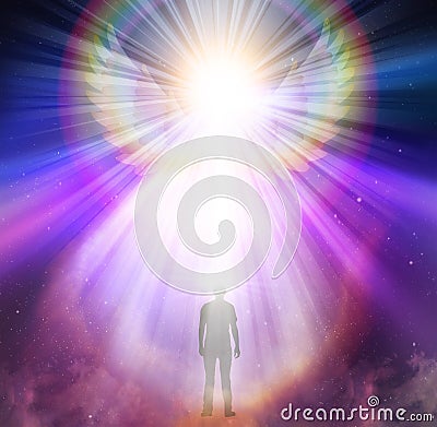 Spiritual guidance, Angel of light and love doing a miracle on sky, rainbow angelic wings Stock Photo