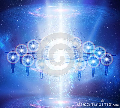 Collective souls, divine intervention, synchronicity, giving blessings, watching over cosmos, DNA healing Stock Photo