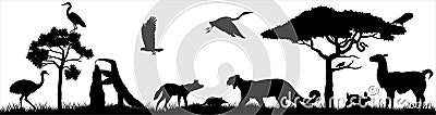 Seamless panorama of the pampas with puma, rhea, maned wolf , rabbit, burrowing owl, guanaco, giant anteater, armadillo, pampas me Vector Illustration