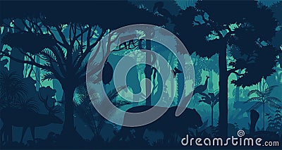 evening tropical rainforest Jungle background with tiger, cobra, elephant, peafowl, monkey, deer, python, fruit bat and great hor Vector Illustration