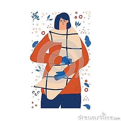 The girl is warmed by a large scarf in winter or autumn. Cozy vector illustration in flat style hand drawn Vector Illustration