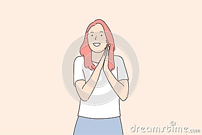 Beautiful smiling cheerful woman rubbing hands and wishing fun Vector Illustration