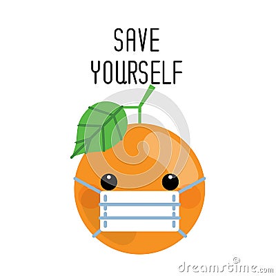 Cute cartoon orange wearing face mask protection from dust and virus isolated on white background Vector Illustration