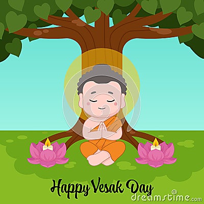 Cute Buddha sitting under Bodhi tree Vector Illustration