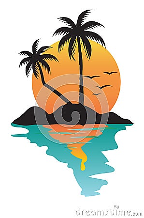 beach sunset, Rural silhouette, small island, Vector Illustration