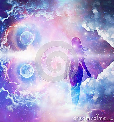 Soul journey, portal to another universe, Heaven, unity, afterlife, parallel reality, new world, full moon meditation, freedom Stock Photo