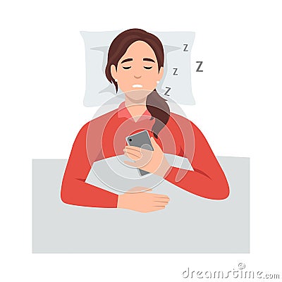 Young woman Snoring lying in the bed, snores loudly with open mouth Vector Illustration