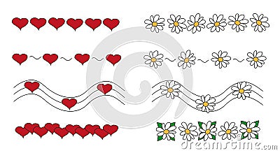 Doodle divider with heart and chamomile. Dividers set love hearts and flowers for notebooks, diary, banners Vector Illustration