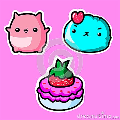 Set of fashion patches, cute colorful badges, fun cartoon icons design vector in animal shaped food concept Vector Illustration