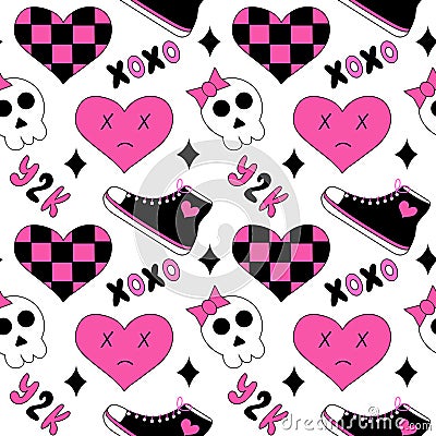 Seamless pattern with emo elements. Y2k style. Hearts in chessboard, XoXo, sneakers, skulls. Black and pink. Vector flat illustrat Vector Illustration