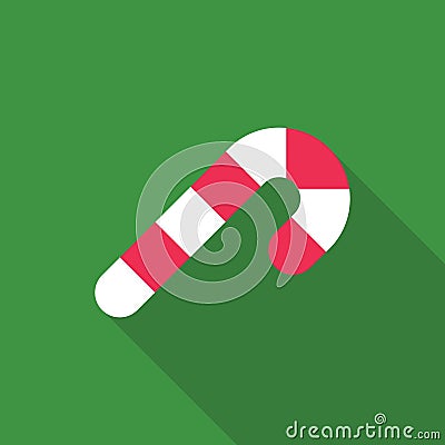 Candy cane sweet stick icon. Christmas or New Year festive flat icon. White cane with red stripes isolated on green background. Vector Illustration