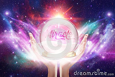 Miracle manifestation, divine intervention, Magic crystal globe, spiritual guidance, angel meditation, rainbow angelic wings Stock Photo