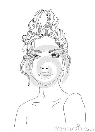 woman portrait line art illustration messy bun girl ink pen drawing sensual lips beautiful woman sketch black and white hairstyle Vector Illustration