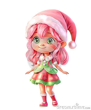 Artwork Cute Christmas pink elf. 3d cartoon character. Isolated art, png. Stock Photo