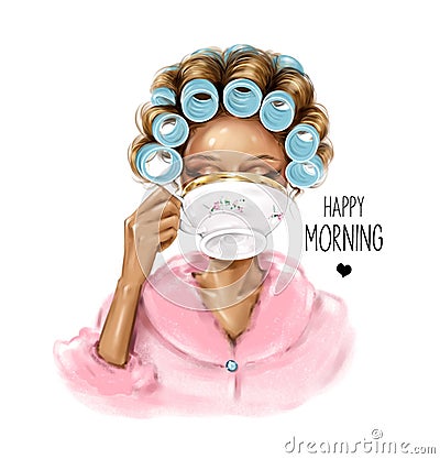 Beautiful woman with hair rollers on her head drinking morning coffee cup. Cartoon Illustration