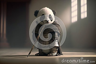 Cute adorable baby panda samurai looking at camera Stock Photo