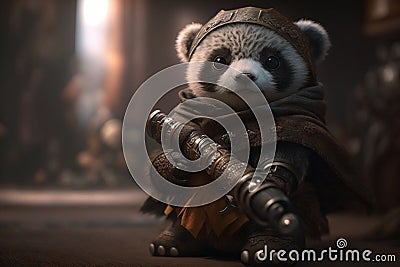 Cute adorable baby panda samurai looking at camera Stock Photo