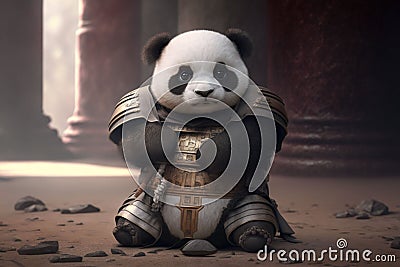 Cute adorable baby panda samurai looking at camera Stock Photo