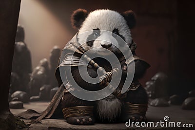 Cute adorable baby panda samurai looking at camera Stock Photo