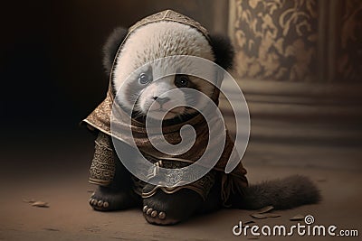 Cute adorable baby panda samurai looking at camera Stock Photo