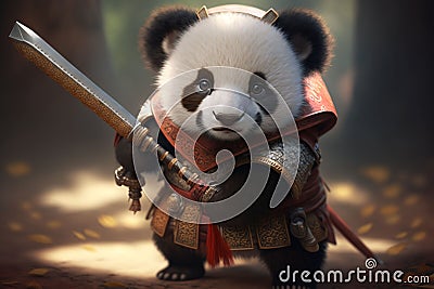 Cute adorable baby panda samurai looking at camera Stock Photo