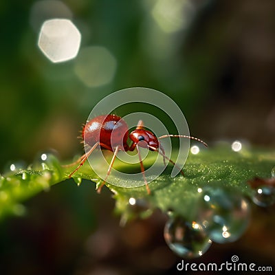 The Elegance of an Ant's Journey on a Green Leaf with a Hovering Bubble.AI generated Stock Photo