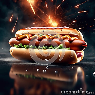 hotdog with ketchup mustard, classic American combination. Cinematic ads Stock Photo