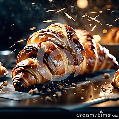 delicious French croissant is a flaky, buttery pastry with a golden brown crust and a soft, airy interior Stock Photo