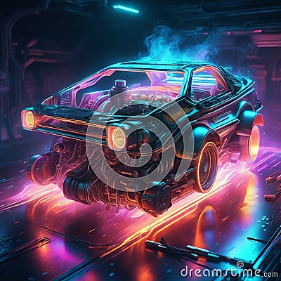 Neon light engine car is a custom car that has been outfitted with neon lights, typically on the undercarriage, wheels, and grille Stock Photo