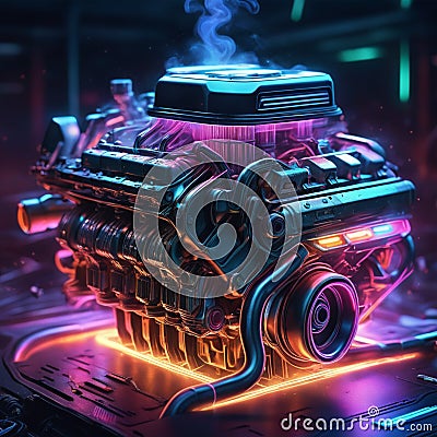 Neon light engine car is a custom car that has been outfitted with neon lights, typically on the undercarriage, wheels, and grille Stock Photo