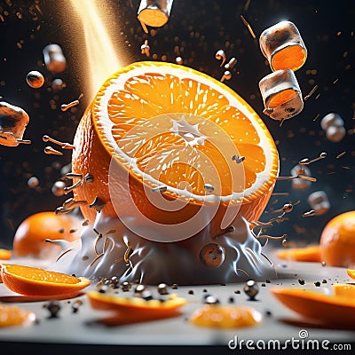 Floating delicious orange juice is a refreshing and invigorating beverage Stock Photo