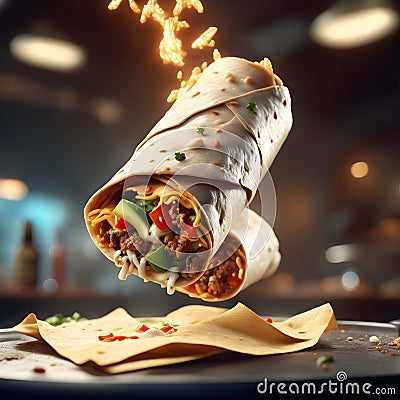 delicious burrito is a warm, flour tortilla filled with savory ingredients like seasoned meat Stock Photo