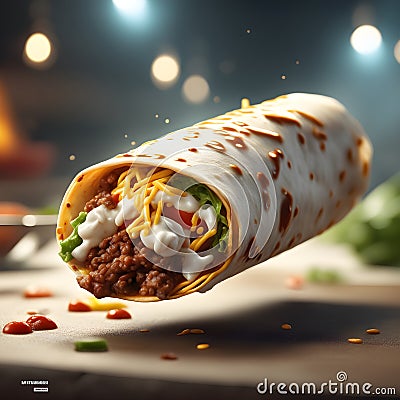 delicious burrito is a warm, flour tortilla filled with savory ingredients like seasoned meat Stock Photo