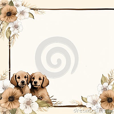 Brown themed flower frame with 2 cute smiling dogs, AI Generated Stock Photo