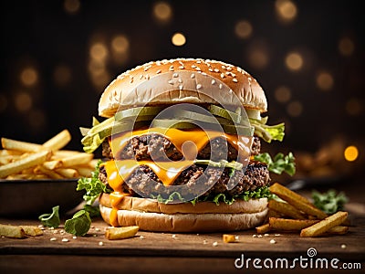 delectable bacon cheeseburger with fries, The juicy, savory beef patty Stock Photo